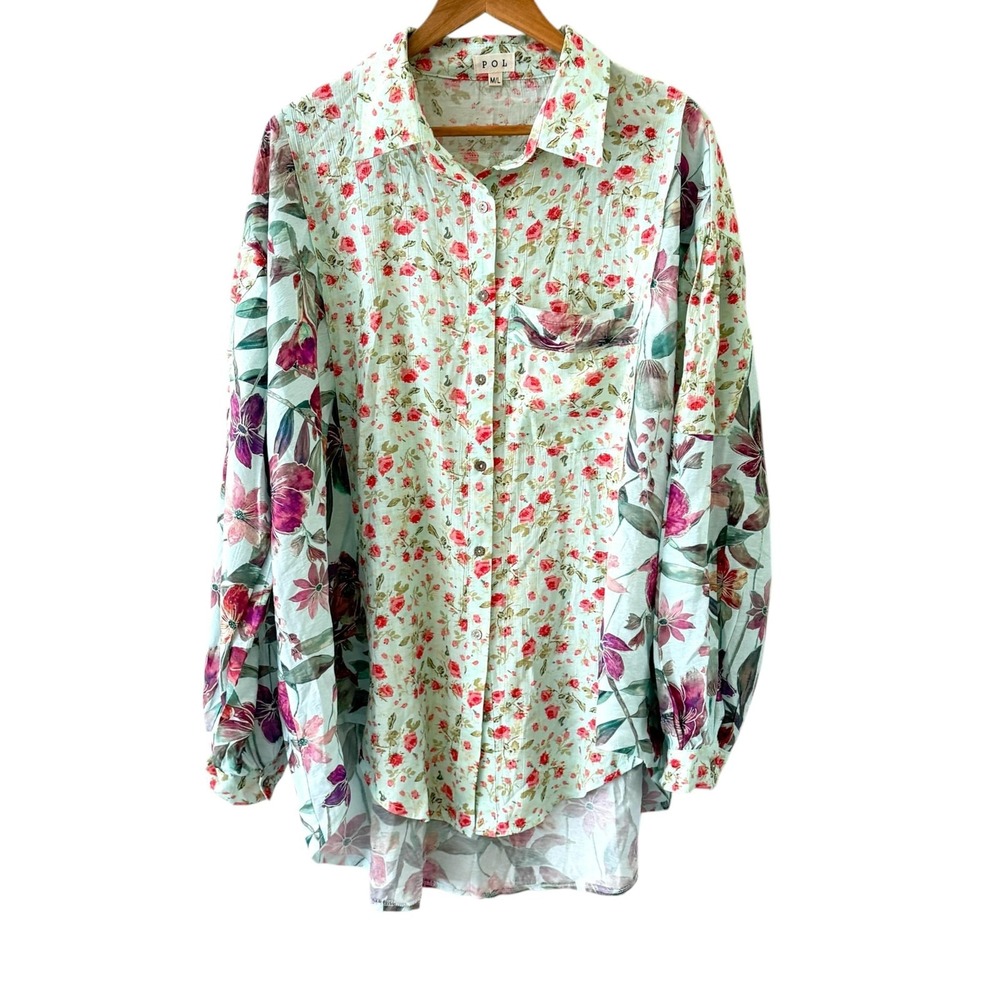 POL Floral Patchwork Button Up Tunic Top M/L Cottage Boho Garden Hi Lo Hem